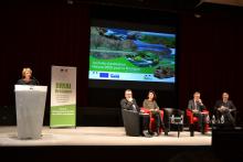 Discours introductifs du forum sur Natura 2000 en Bretagne. De gauche à droite : Armelle NICOLAS, Thierry BURLOT, Annaïg POSTEC, Jean-Francis TREFFEL, Marc NAVEZ © Orlane DORÉ